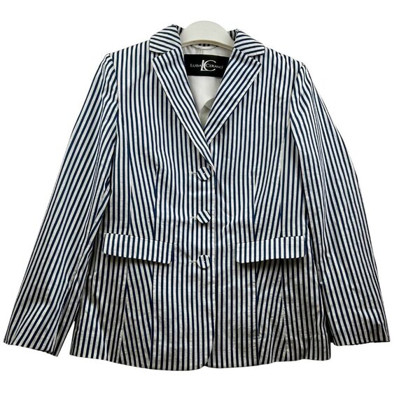 Luisa Cerano Designer Women's Striped Blazer Jacket White & Navy Size 6 - Picture 1 of 7